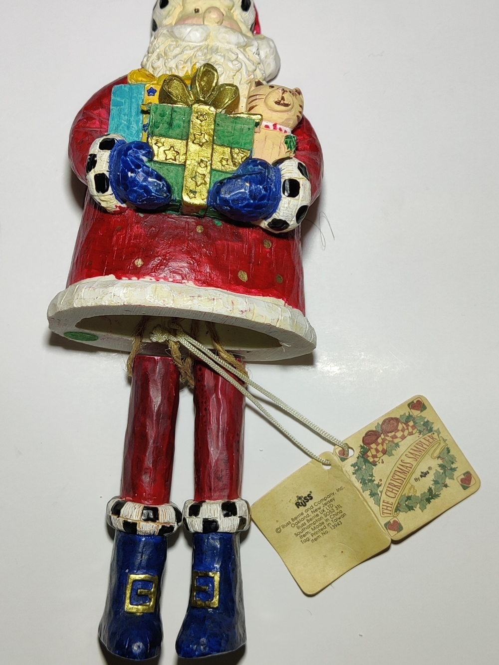 vintage Russ Berrie "The Christmas Sampler" dangling shelf-sitter Santa figurine